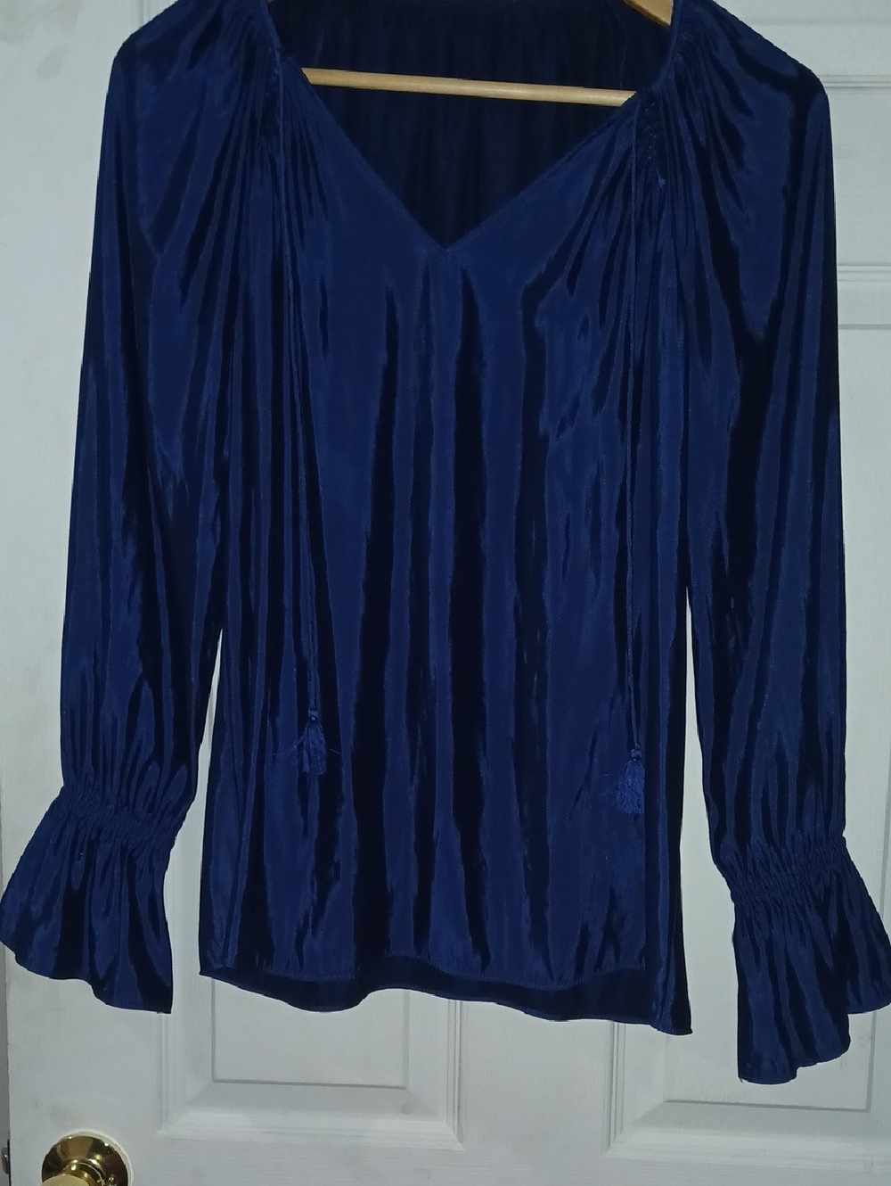 Women's Navy V-Neck Long Sleeve Blouse with Tassel Ties